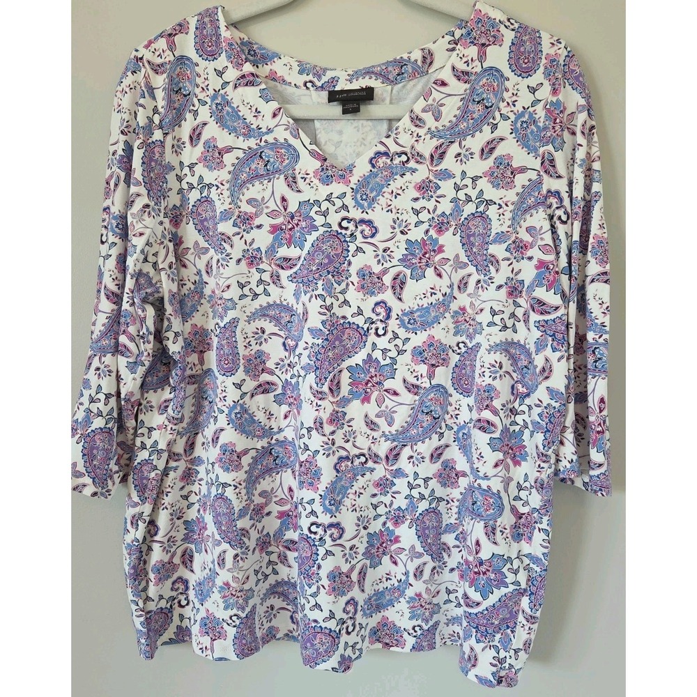 J. Jill Wearever Blouse Paisley Knit Shirt Pleated 3/4 Sleeve White Size Large